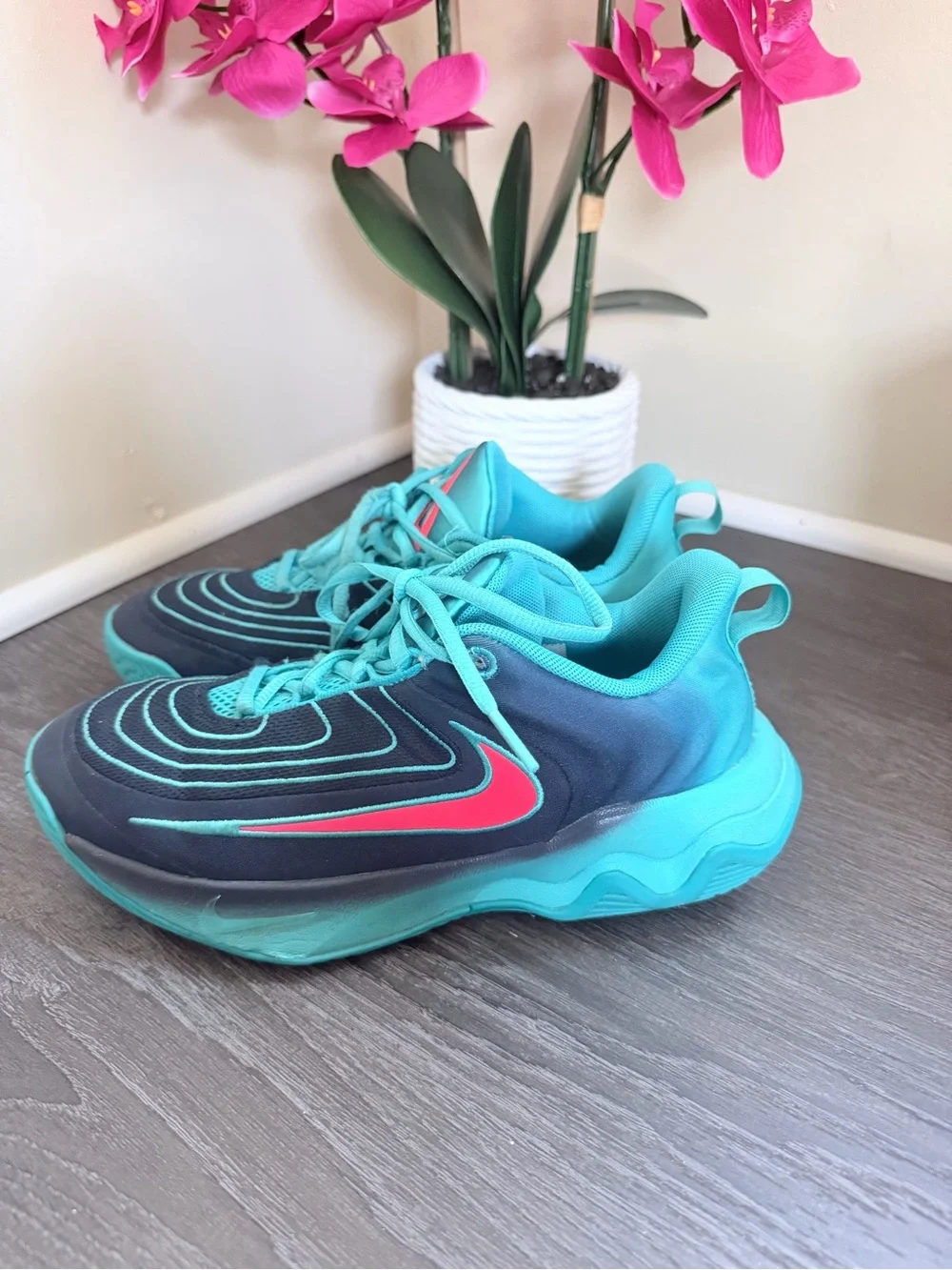 Nike Kids Teal and Navy Sneakers with Pink Swoosh